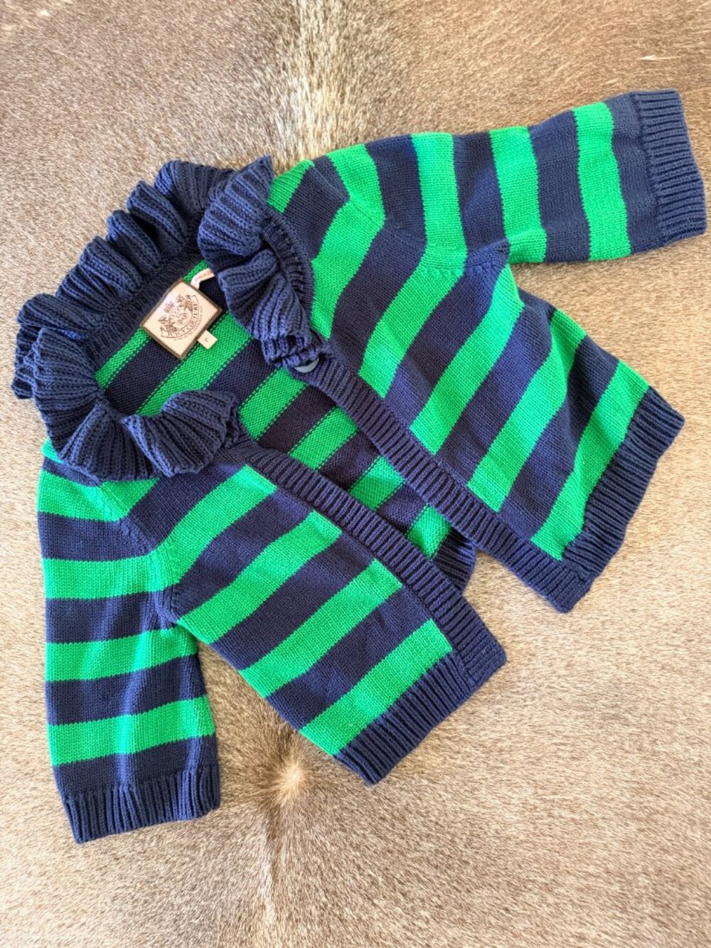 Navy & Green Striped Ruffle Cardigan — Cropped Fit, Size P